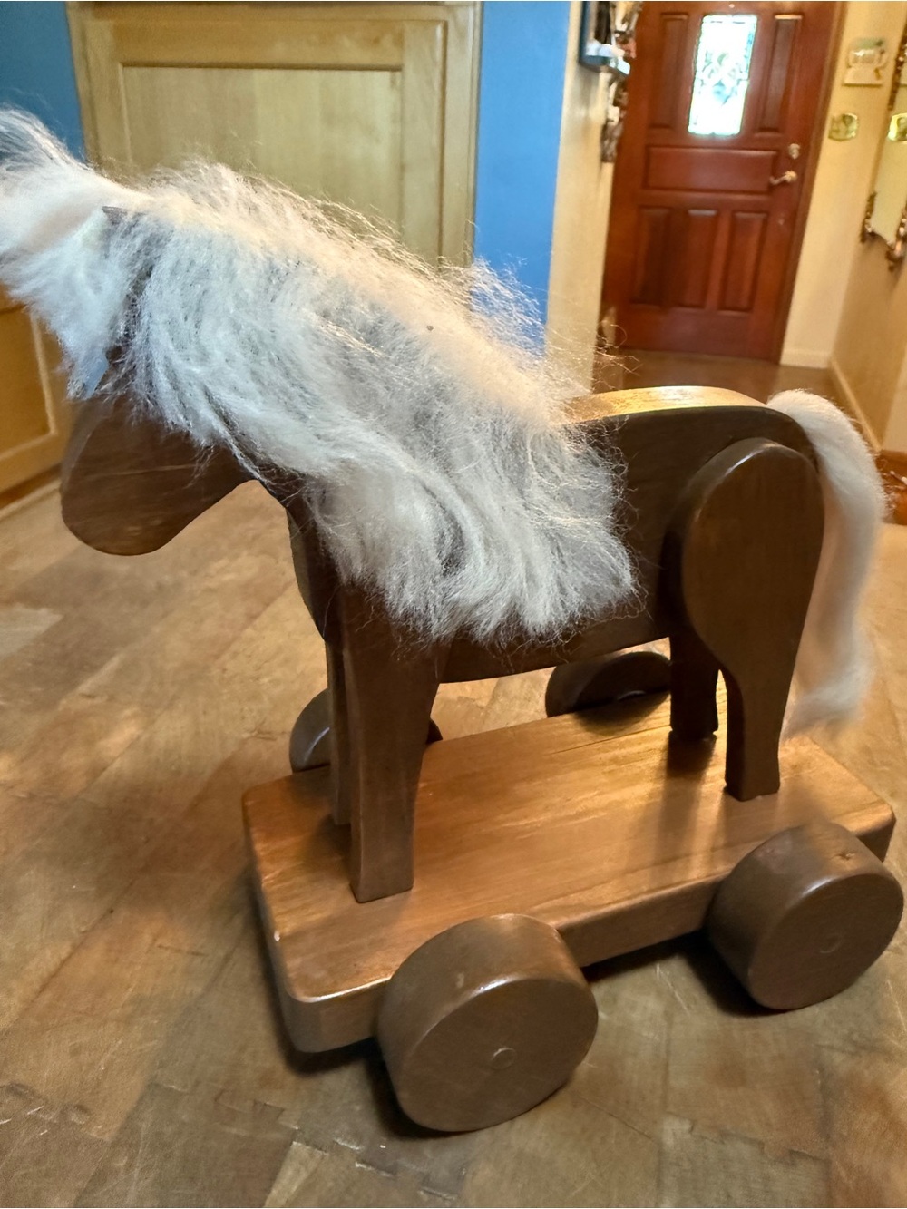 Vintage Folk Art Wooden Pull Toy Horse with White Mane
